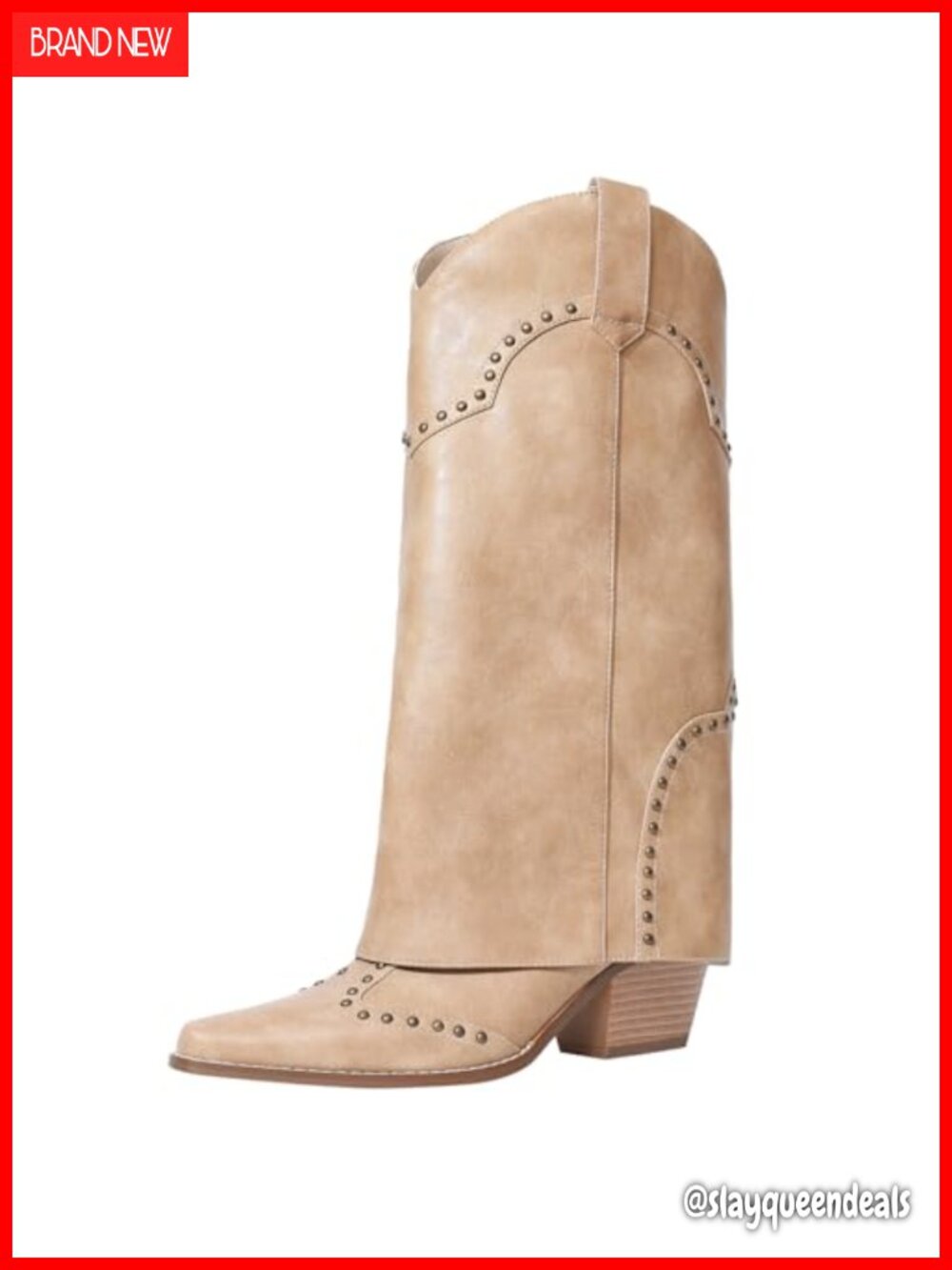 Faux Leather Knee High Cowboy Boots Fold Over Studded Block Heel